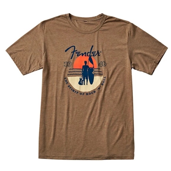 FENDER Brown Sunset Spirit of Rock n Roll Surfboard T-Shirt large Unisex NWT - Picture 1 of 9